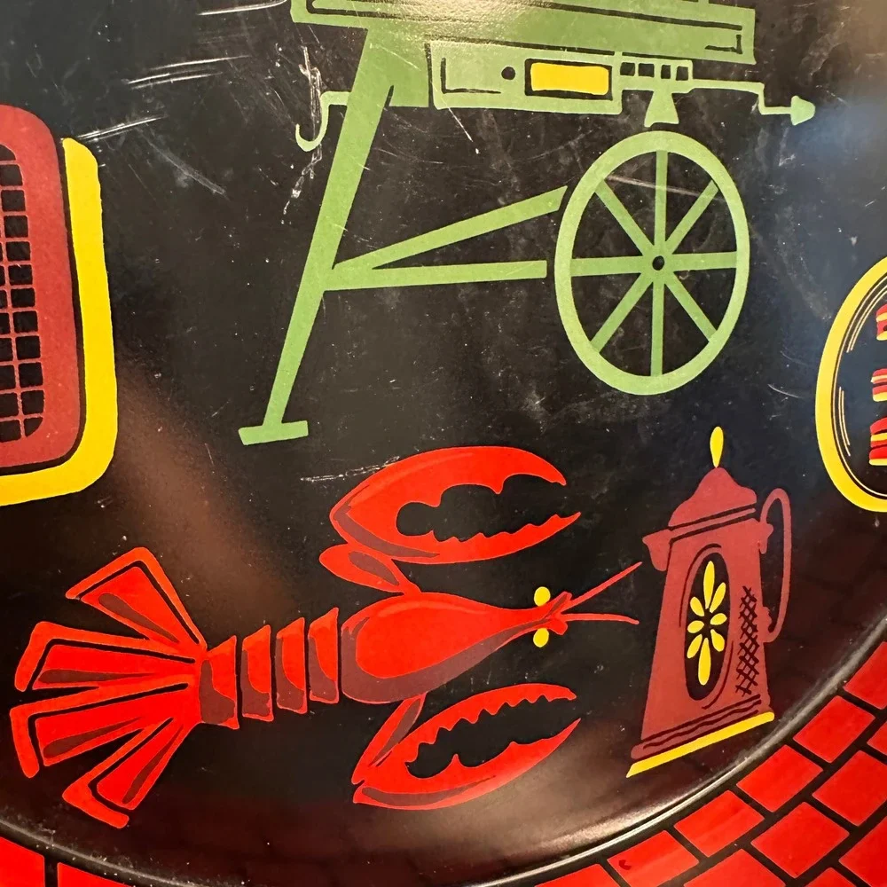 Vintage Tin Litho Tray MCM 1950s BBQ Cookout Lobster Kitsch Black Red Metal 13in